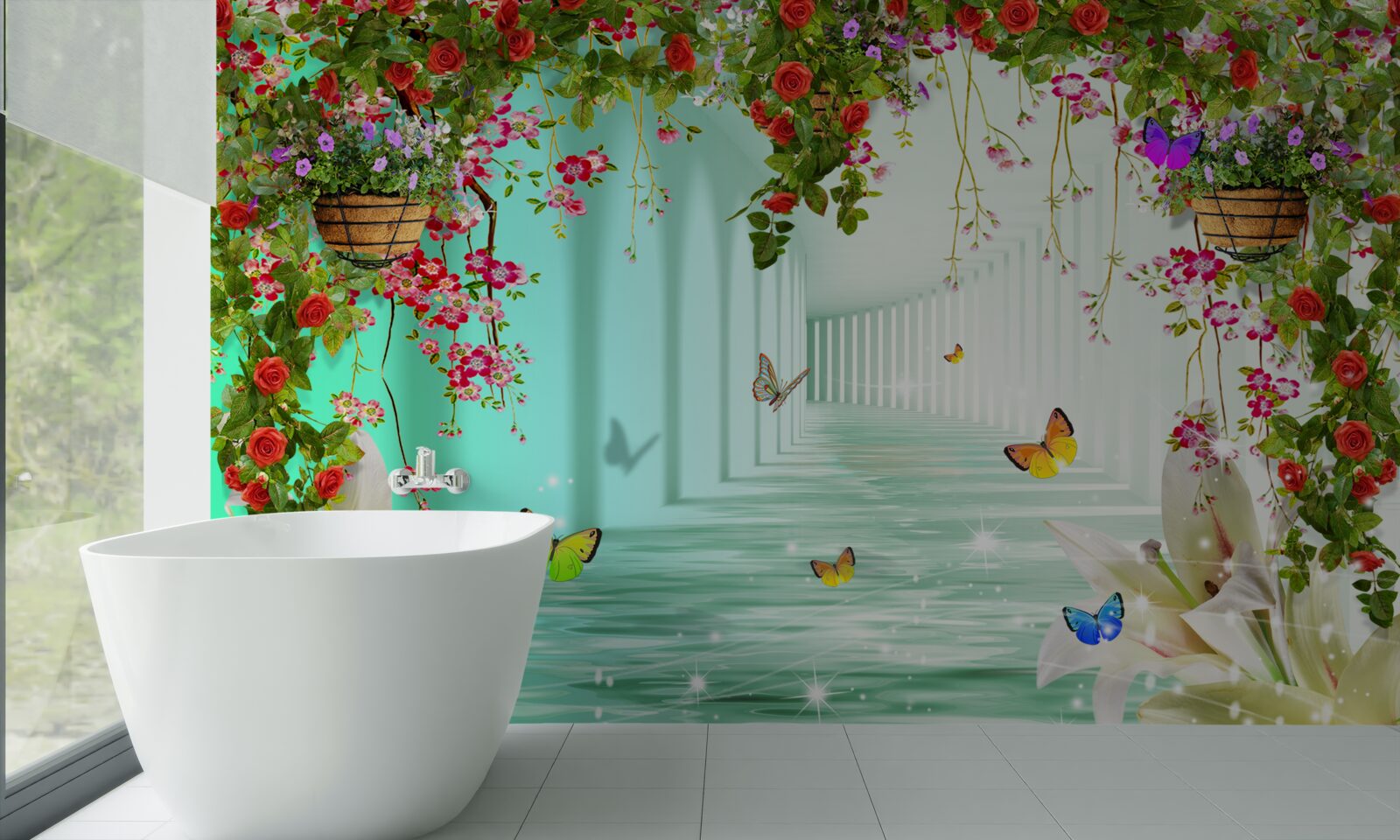 Fototapet fluturi și flori de primăvară în tunel