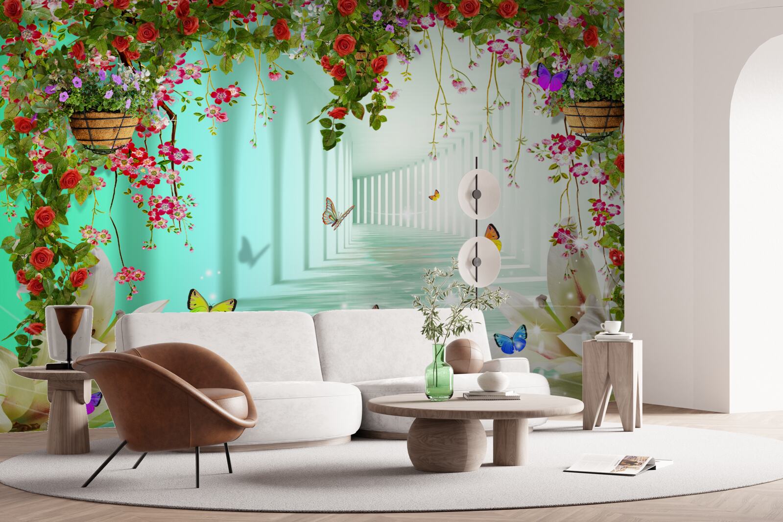 Fototapet fluturi și flori de primăvară în tunel