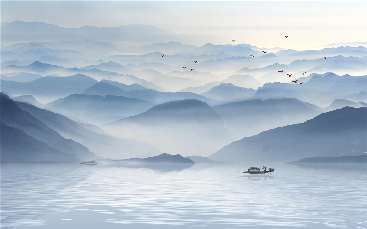 Fototapet ceața învăluie râul de munte