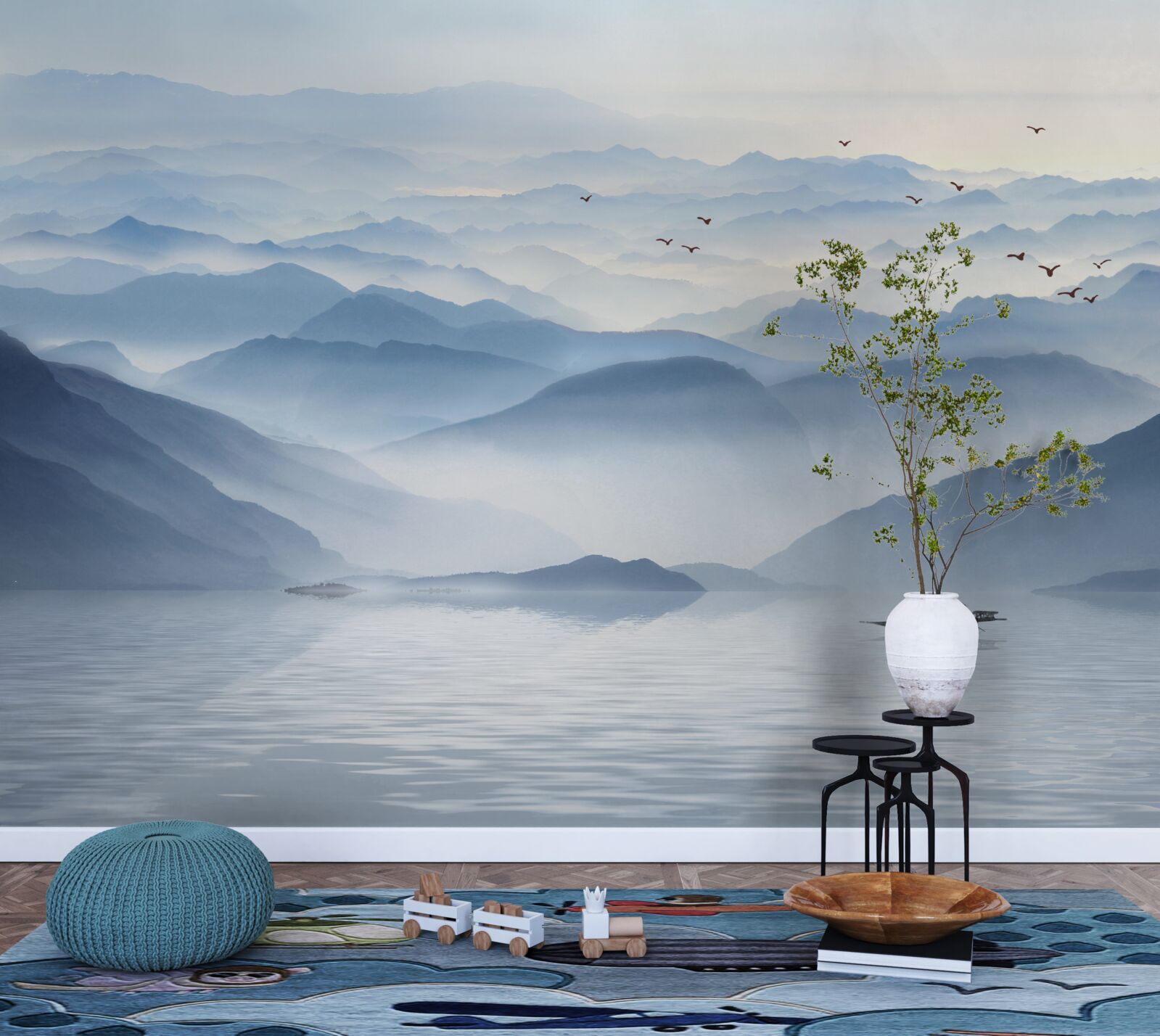 Fototapet ceața învăluie râul de munte