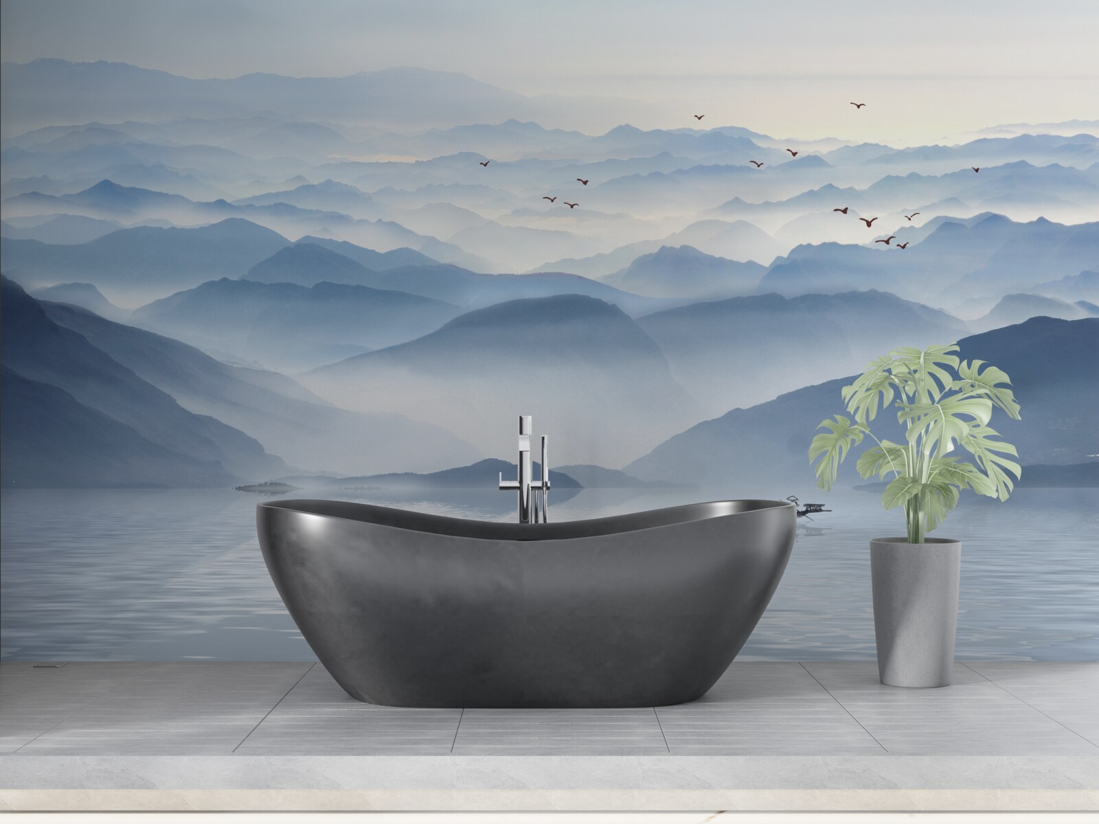 Fototapet ceața învăluie râul de munte