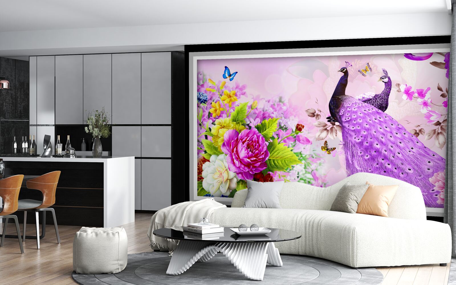 Fototapet printre flori sunt doi păuni mov