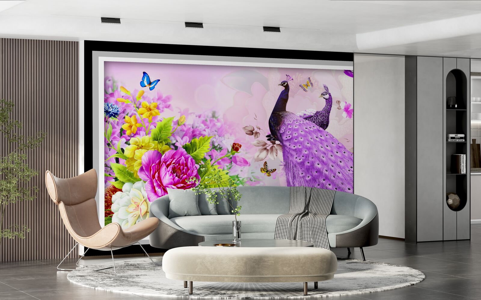 Fototapet printre flori sunt doi păuni mov