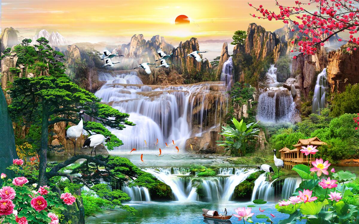 Fototapet păsări și cascade