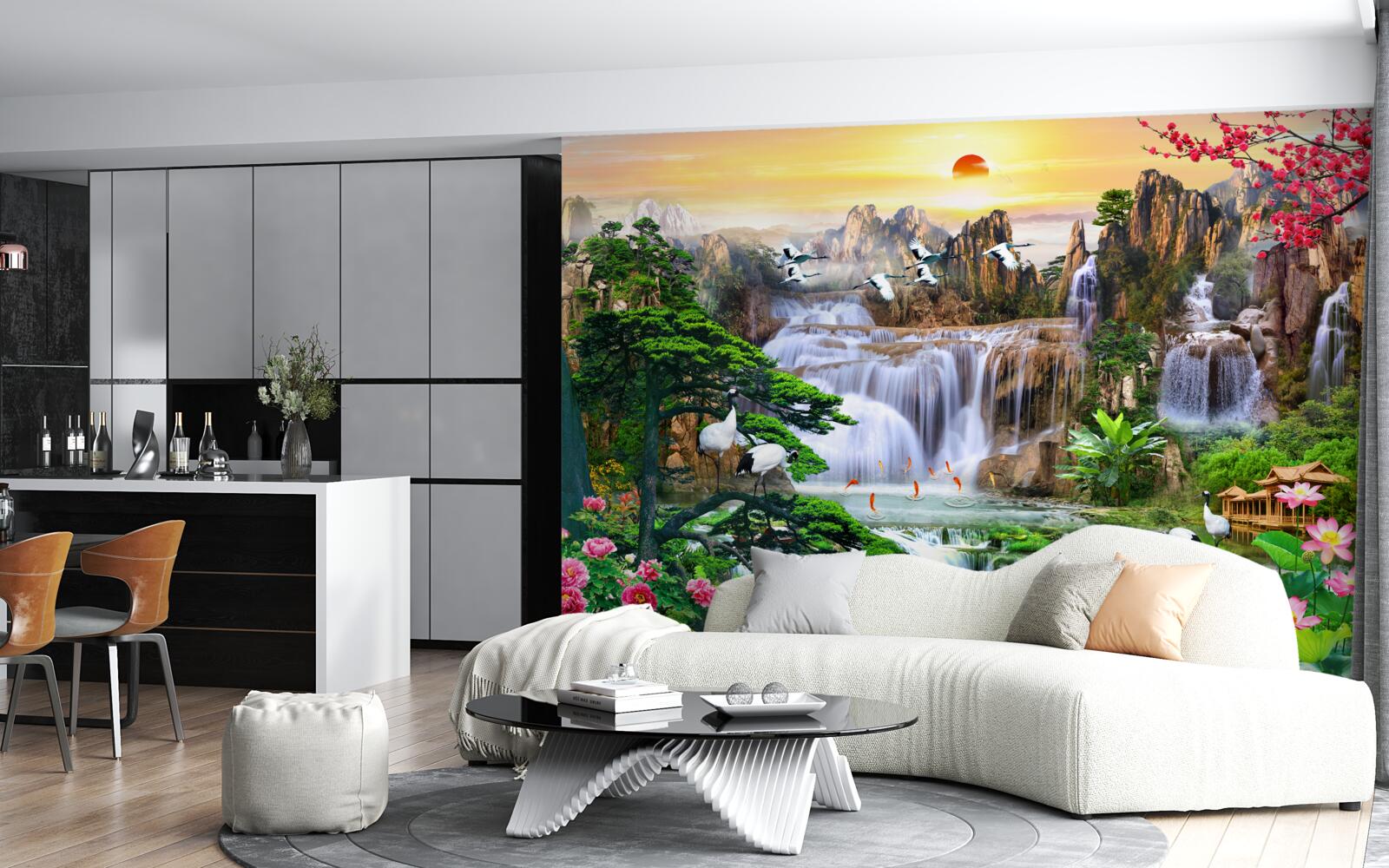 Fototapet păsări și cascade