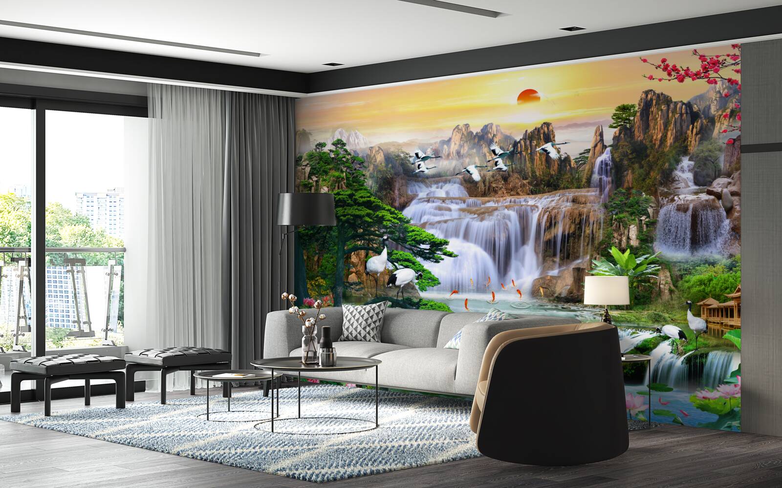 Fototapet păsări și cascade