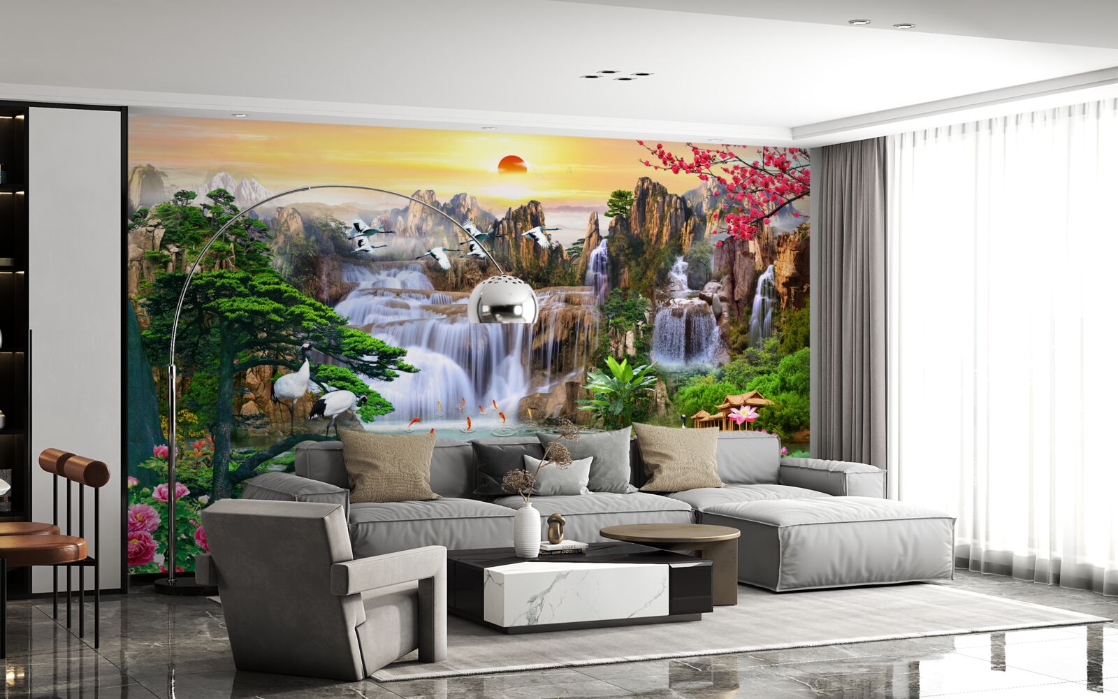 Fototapet păsări și cascade