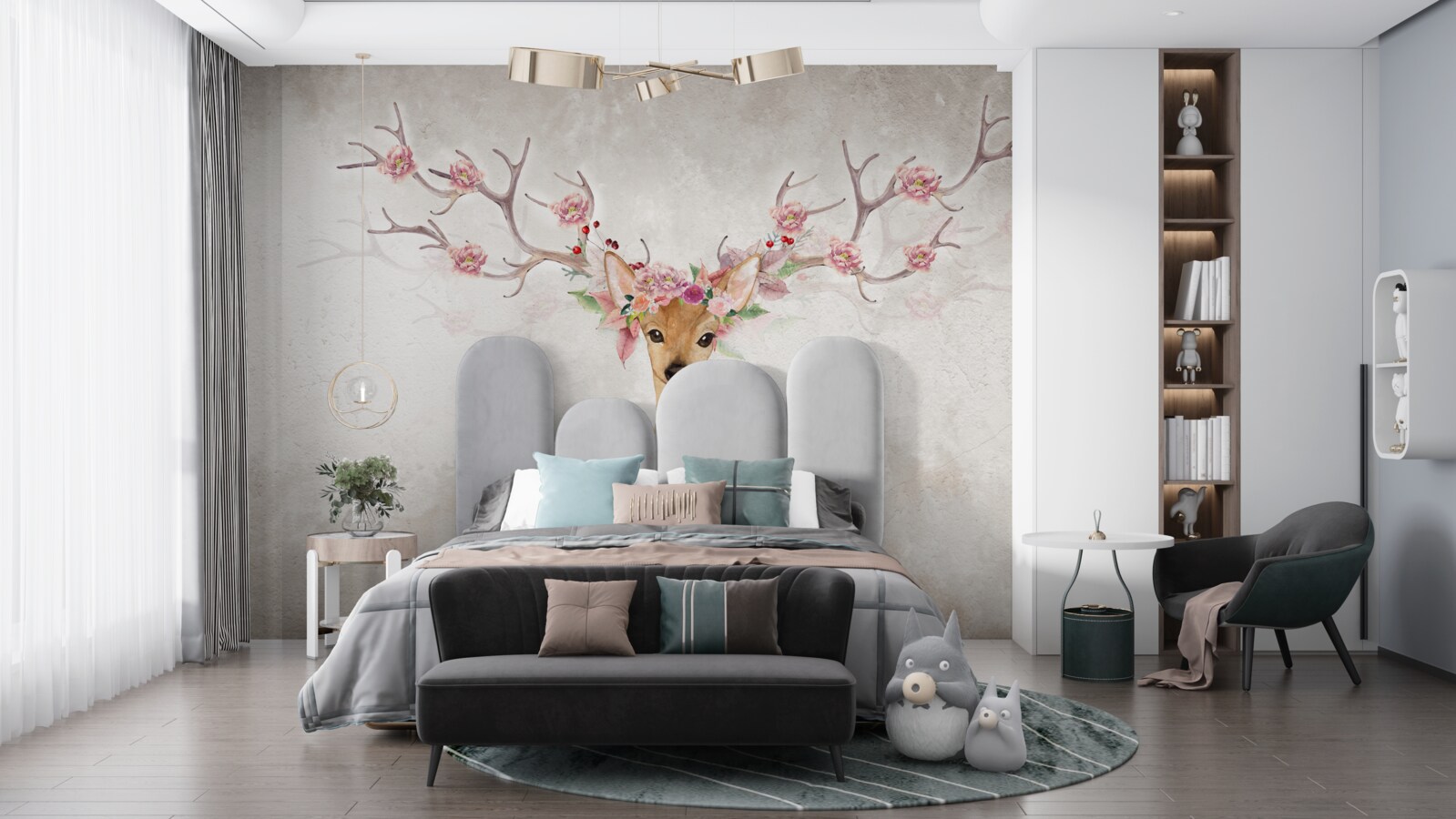 Fototapet pictura înfățișează un cerb cu decorațiuni florale pe coarne