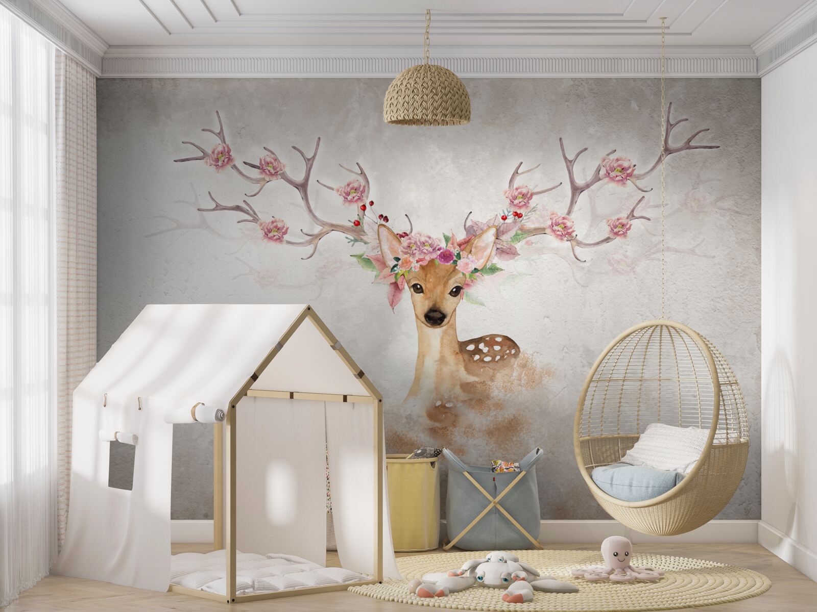 Fototapet pictura înfățișează un cerb cu decorațiuni florale pe coarne