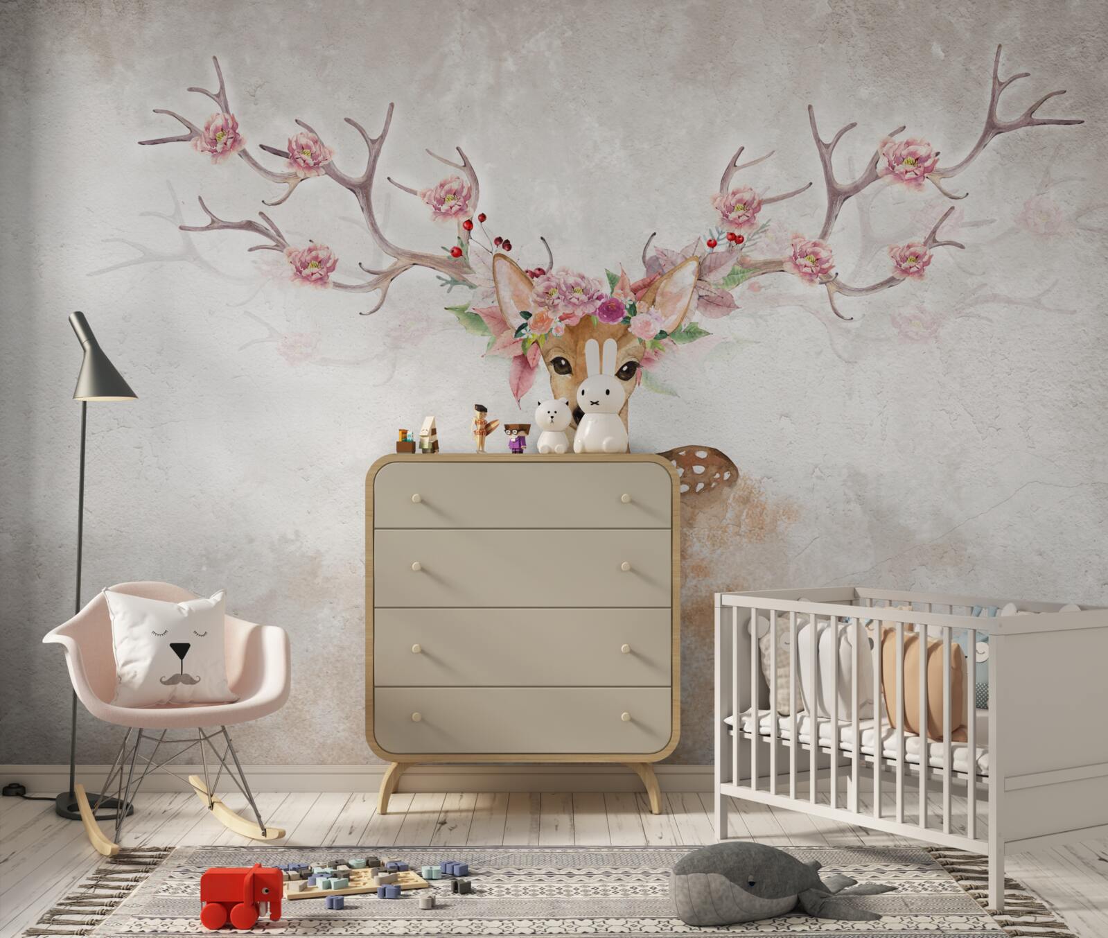 Fototapet pictura înfățișează un cerb cu decorațiuni florale pe coarne