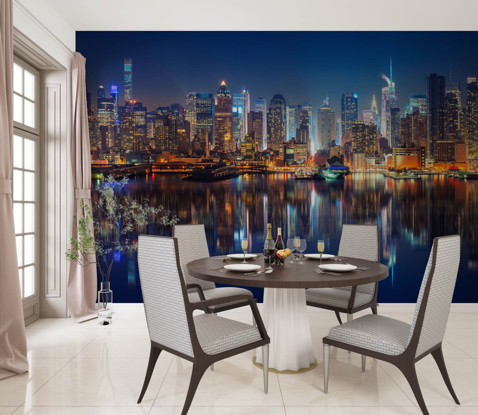 Fototapet reflexia orașului de noapte în apă