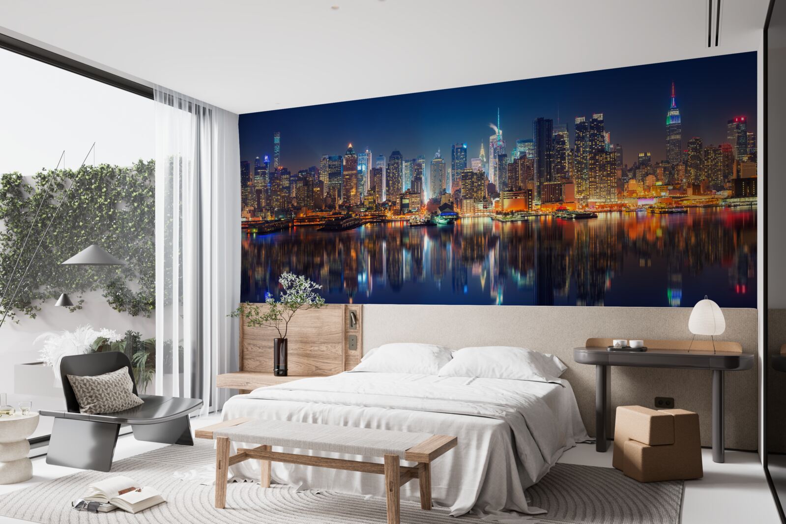 Fototapet reflexia orașului de noapte în apă