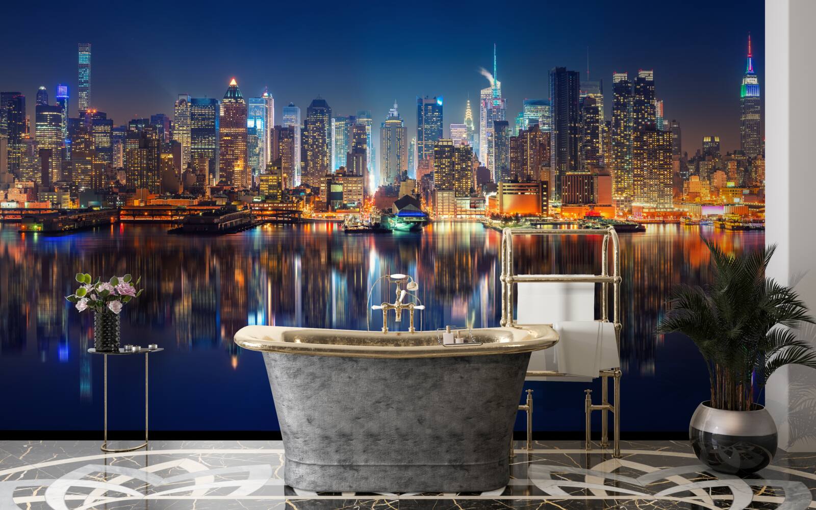 Fototapet reflexia orașului de noapte în apă