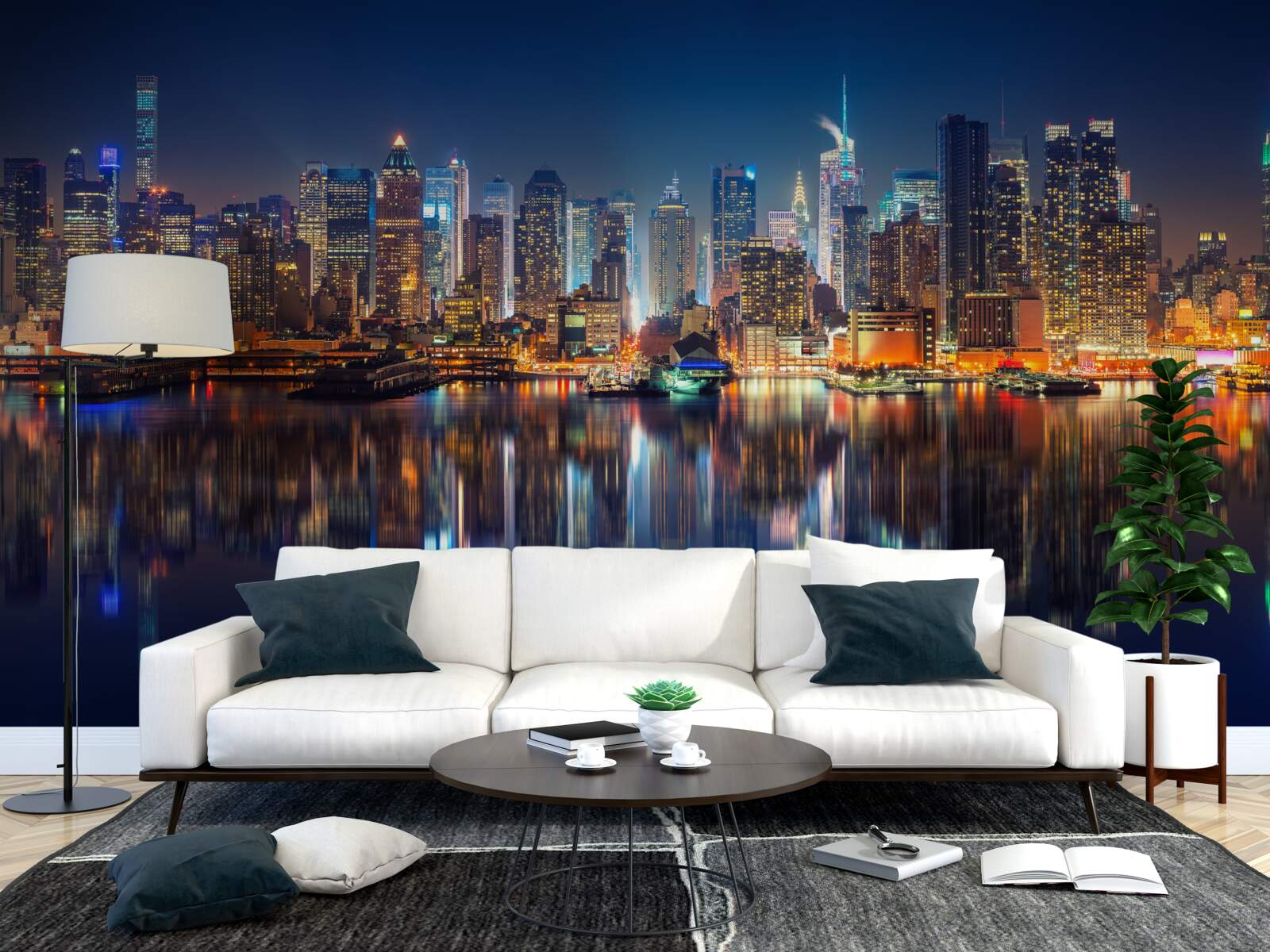 Fototapet reflexia orașului de noapte în apă