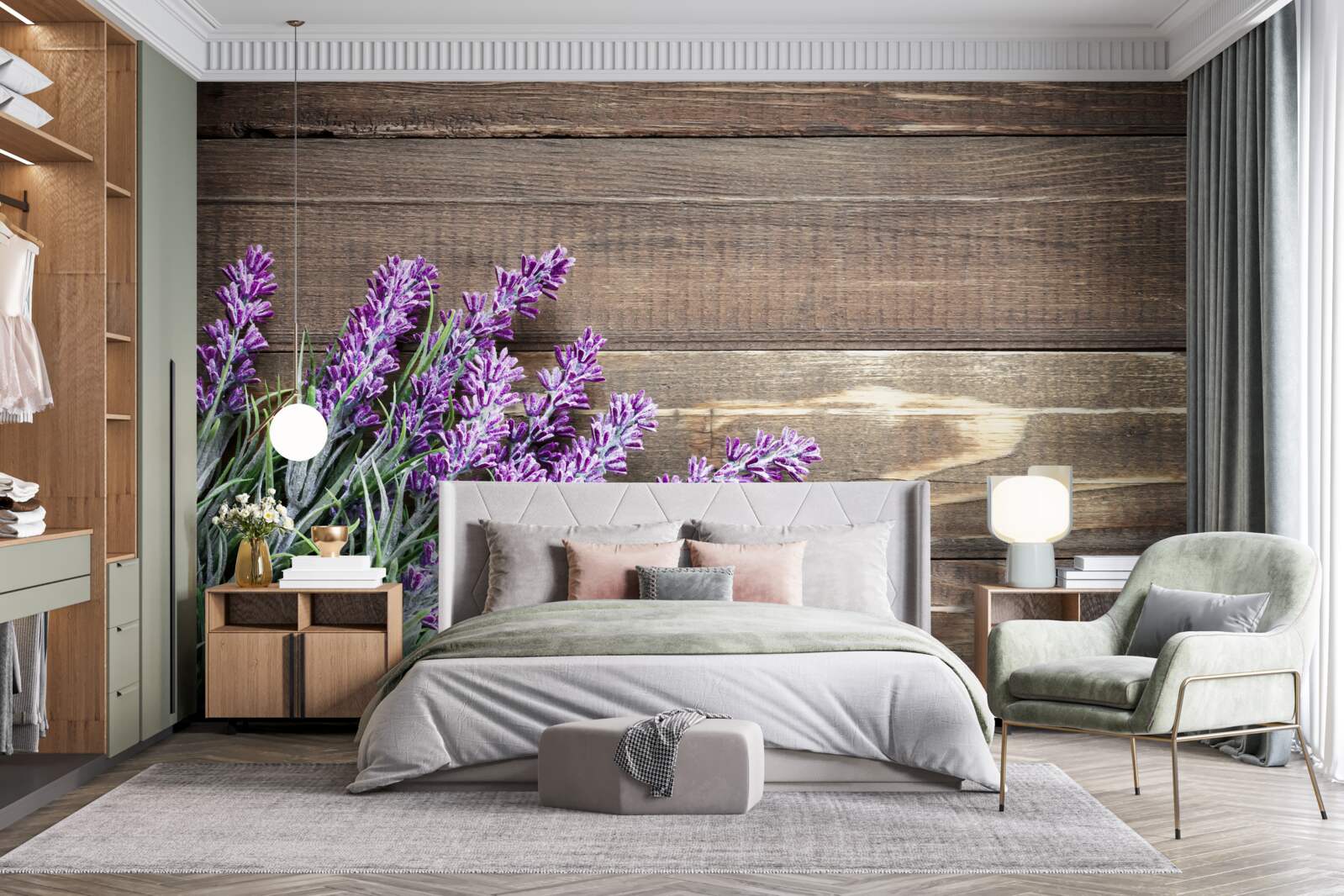 Fototapet ramuri lavanda în fundal cu un copac