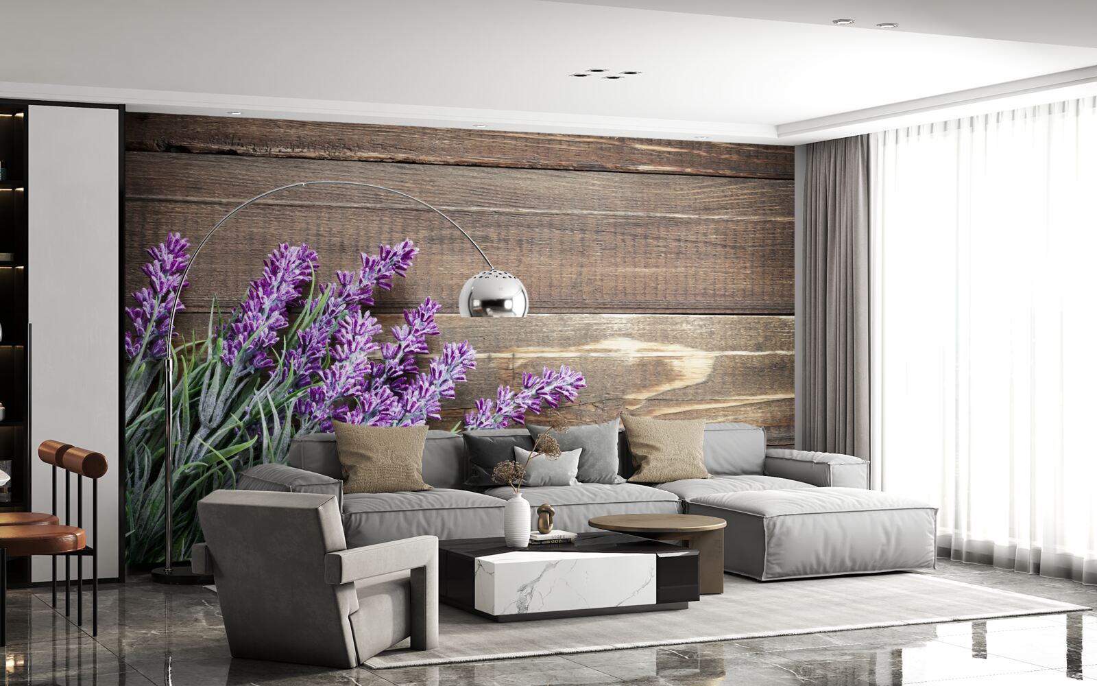 Fototapet ramuri lavanda în fundal cu un copac