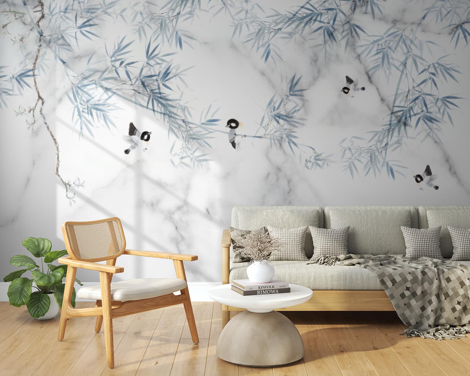 Fototapet marmura este albă ca zăpada, păsările se prăbușesc pe ramuri