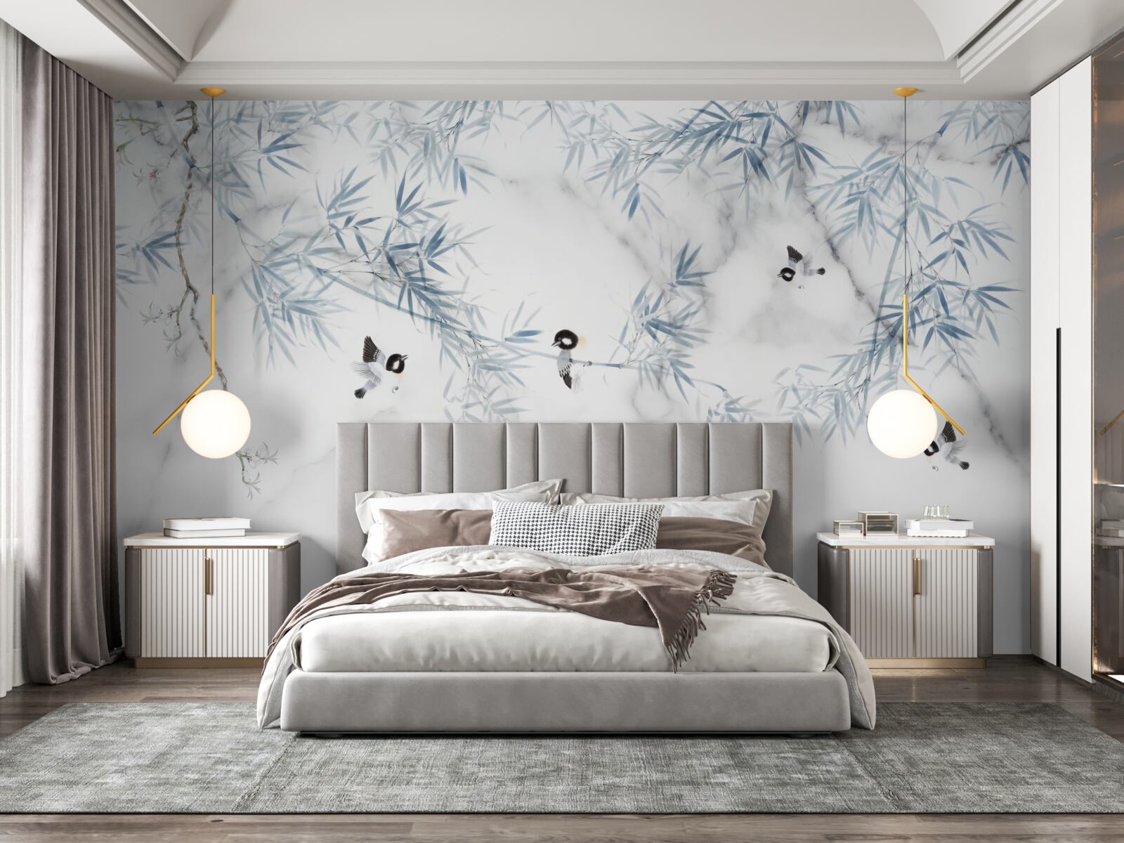 Fototapet marmura este albă ca zăpada, păsările se prăbușesc pe ramuri