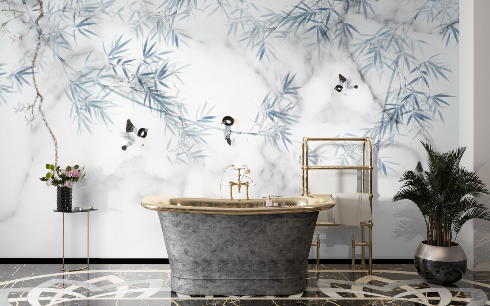 Fototapet marmura este albă ca zăpada, păsările se prăbușesc pe ramuri