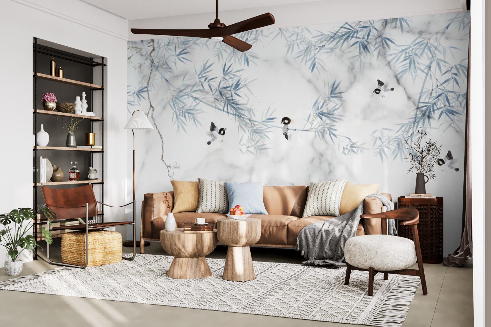 Fototapet marmura este albă ca zăpada, păsările se prăbușesc pe ramuri