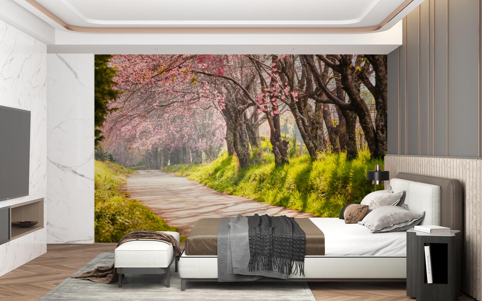 Fototapet copaci înfloriți de-a lungul unei șosele liniștite