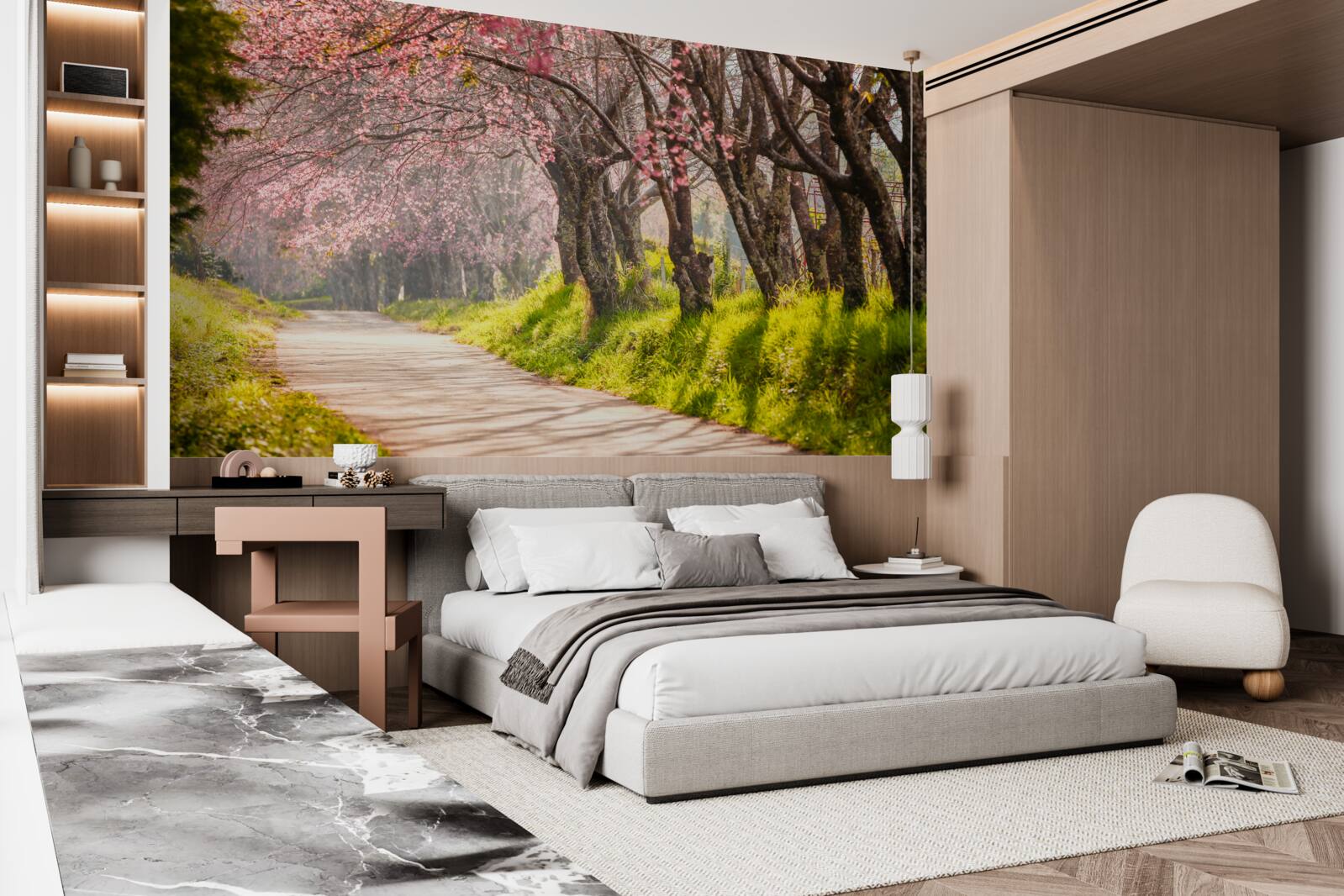 Fototapet copaci înfloriți de-a lungul unei șosele liniștite