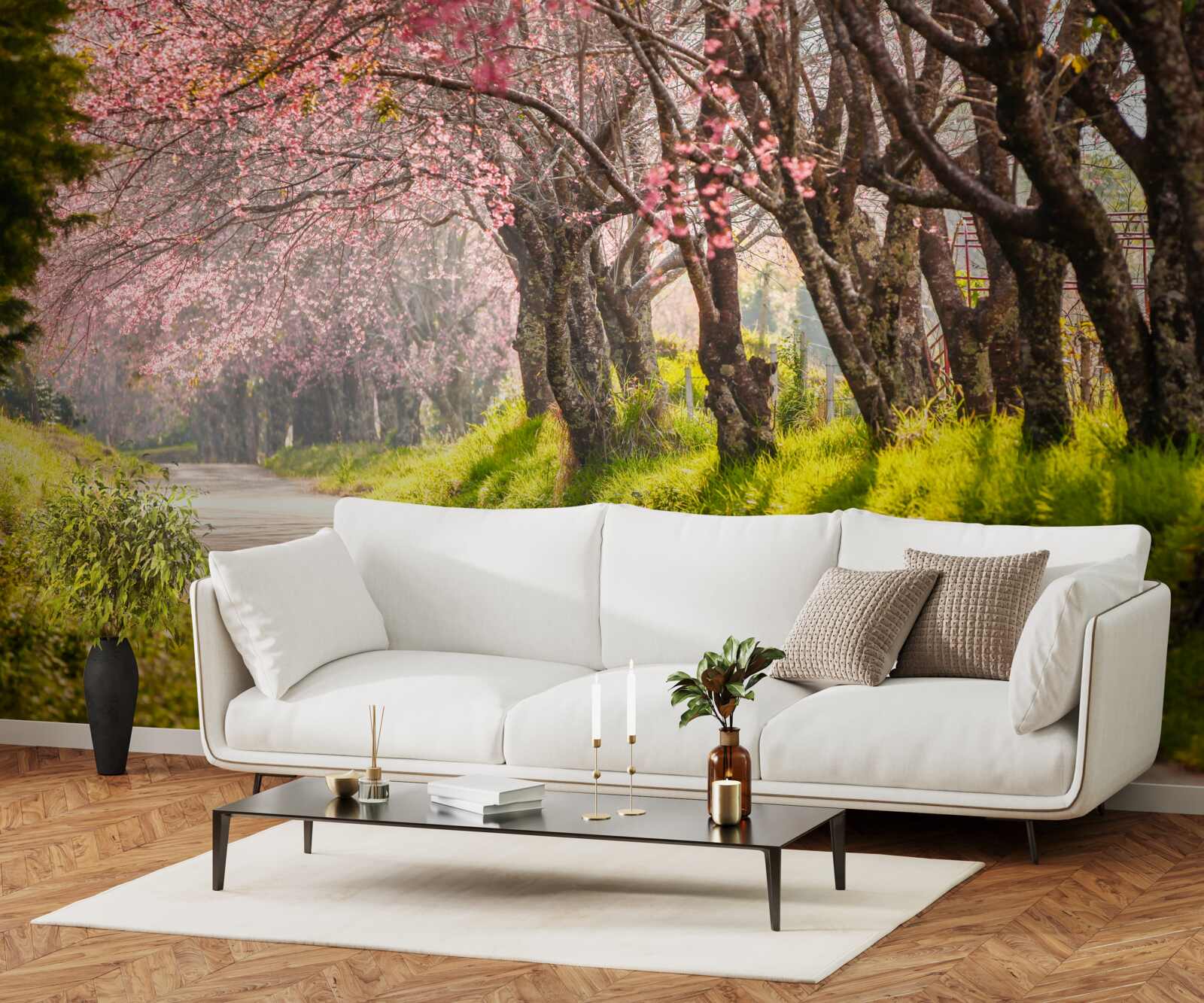 Fototapet copaci înfloriți de-a lungul unei șosele liniștite