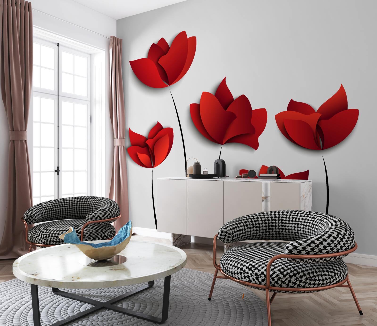 Fototapet flori de culoare roșie pe un fundal de puritate albă