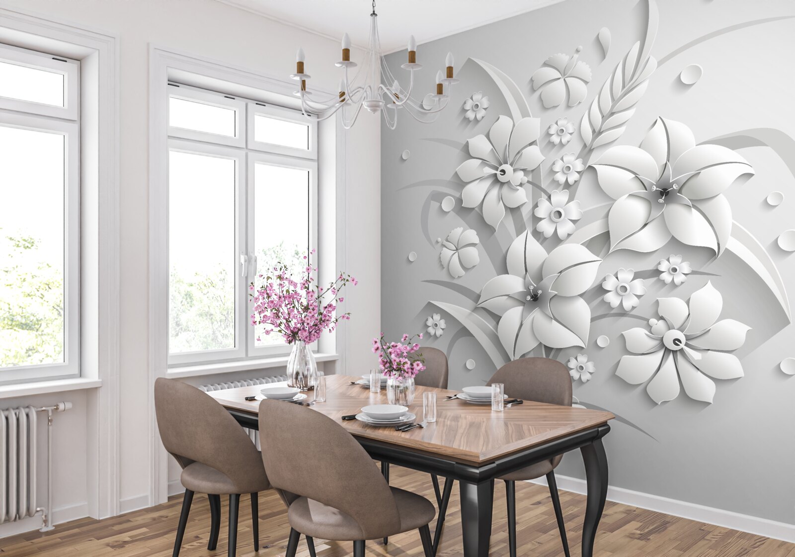 Fototapet flori albe ca zăpada, ca laptele, pe un fundal alb