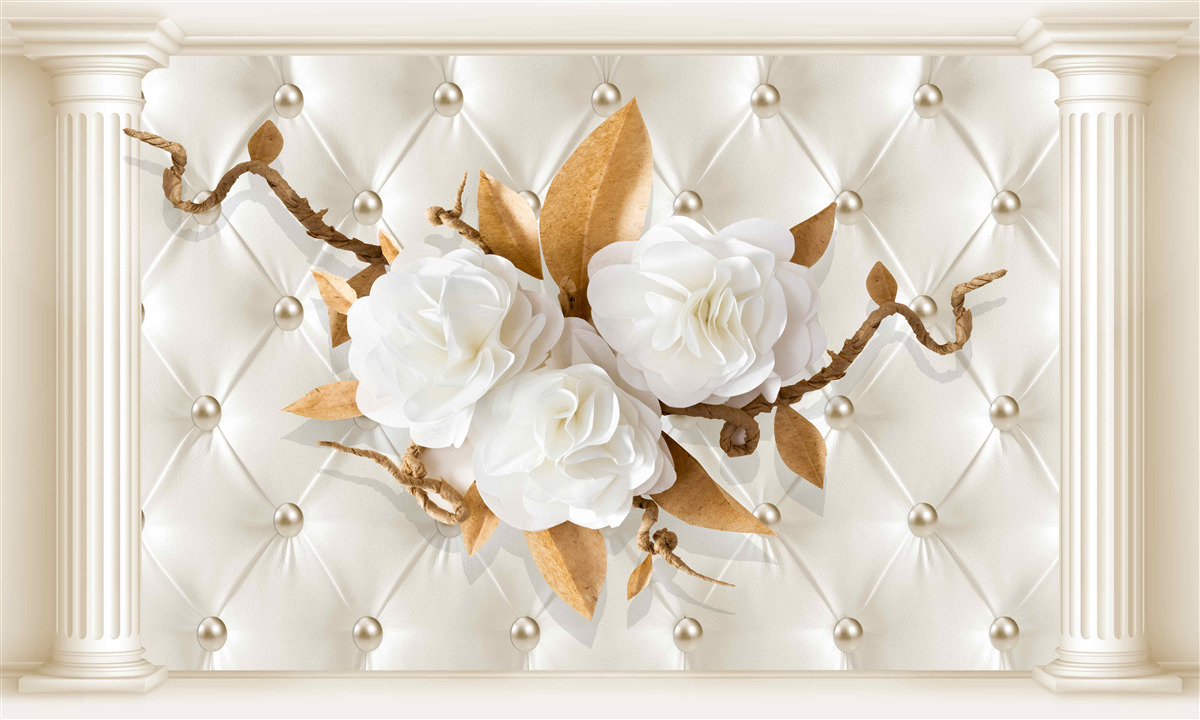 Fototapet ramuri aurii și flori albe ca zăpada