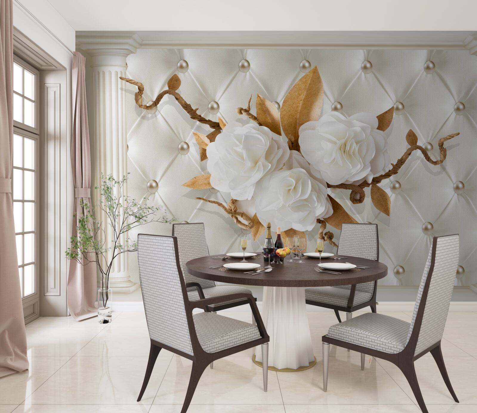 Fototapet ramuri aurii și flori albe ca zăpada