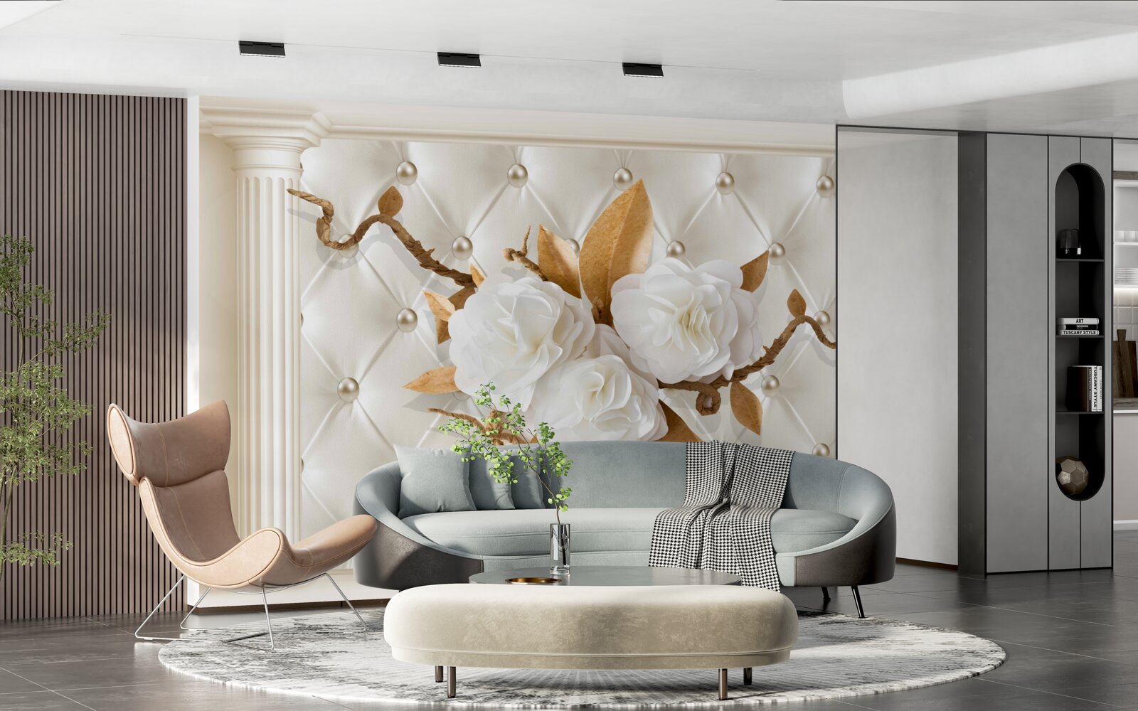 Fototapet ramuri aurii și flori albe ca zăpada