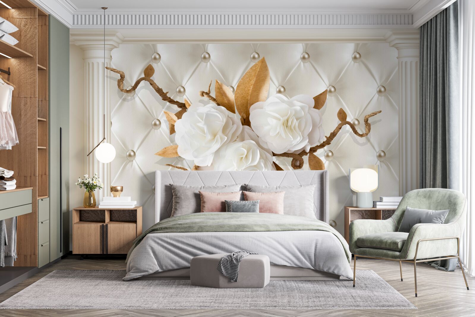 Fototapet ramuri aurii și flori albe ca zăpada