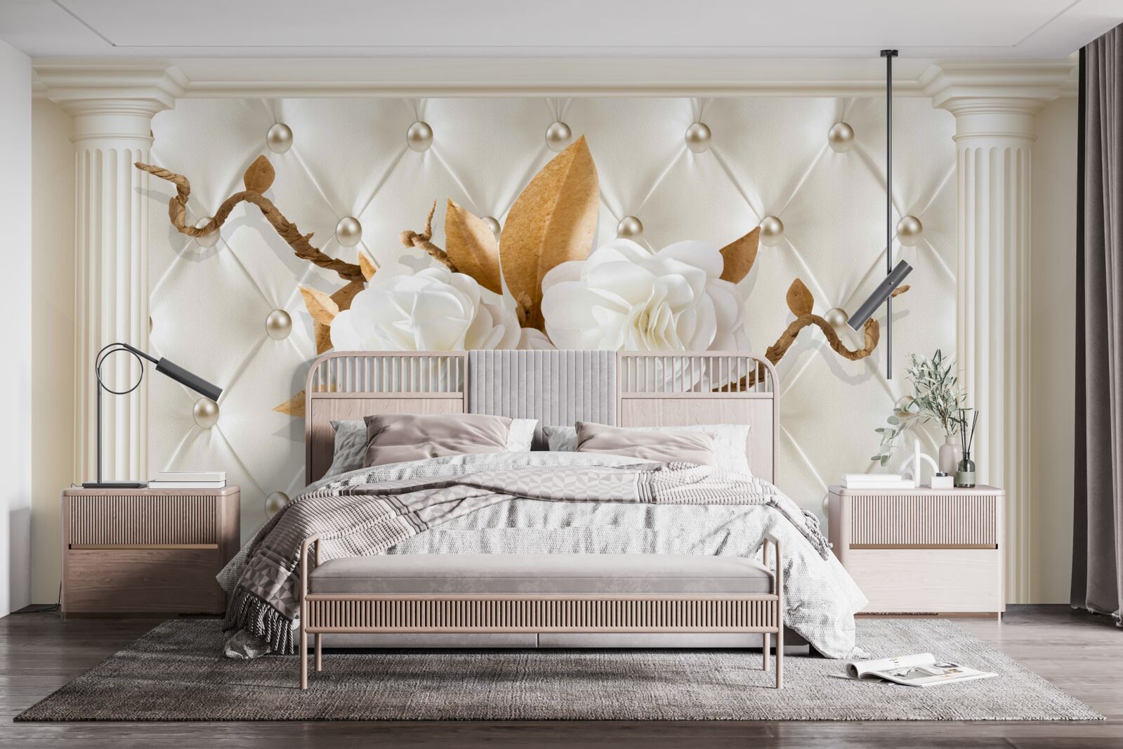 Fototapet ramuri aurii și flori albe ca zăpada