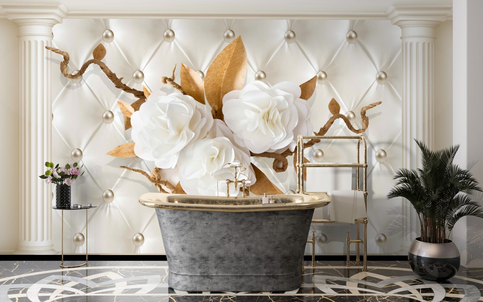 Fototapet ramuri aurii și flori albe ca zăpada