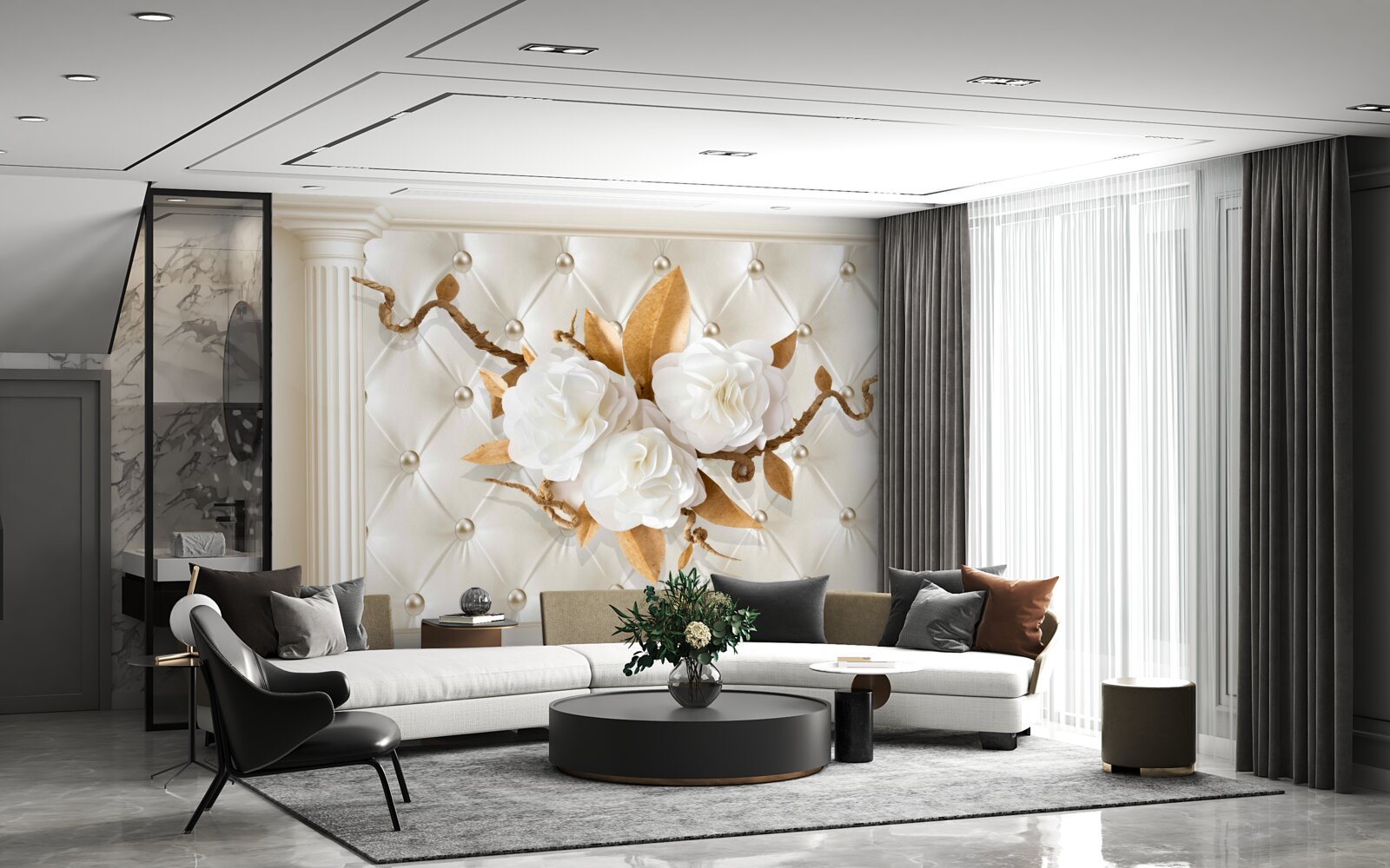 Fototapet ramuri aurii și flori albe ca zăpada