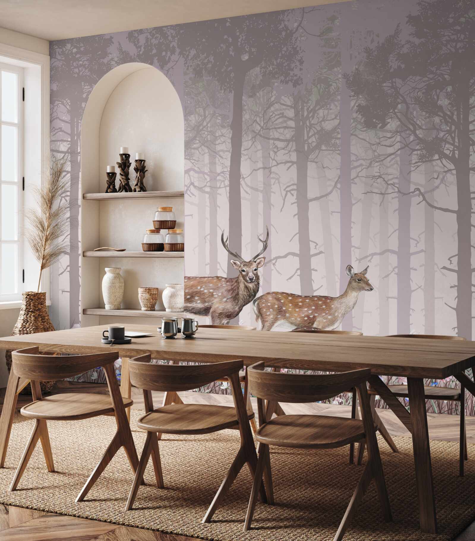 Fototapet grup de căprioare într-o pădure de pini cețoasă