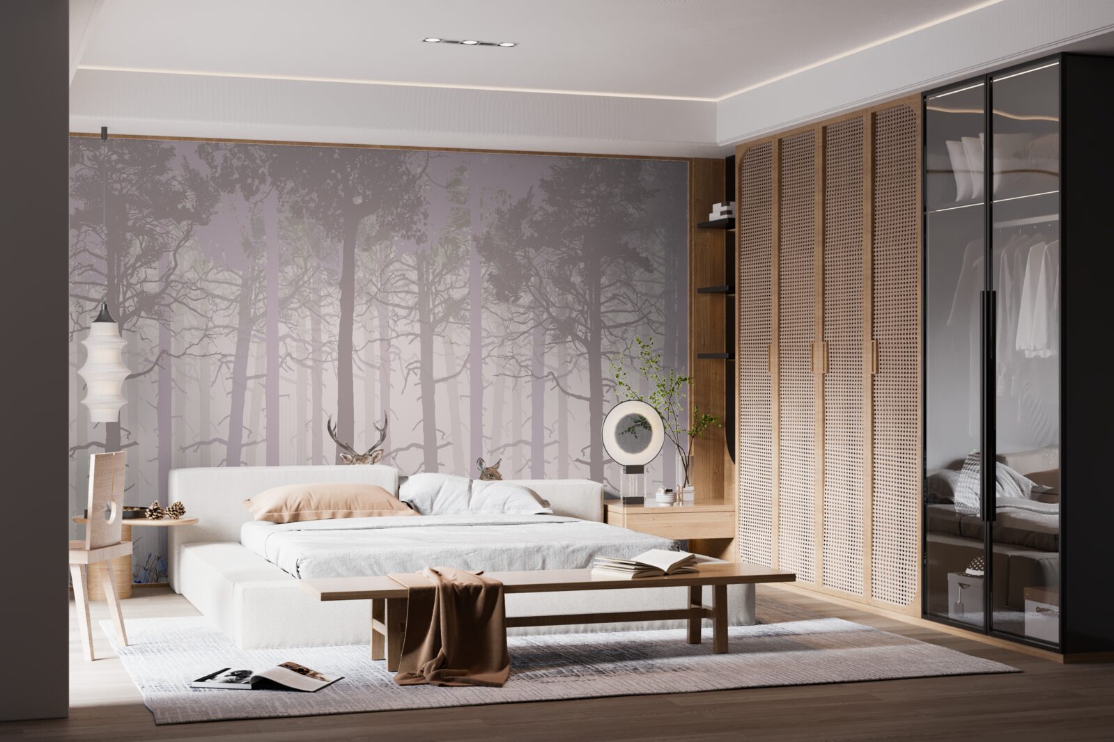 Fototapet grup de căprioare într-o pădure de pini cețoasă