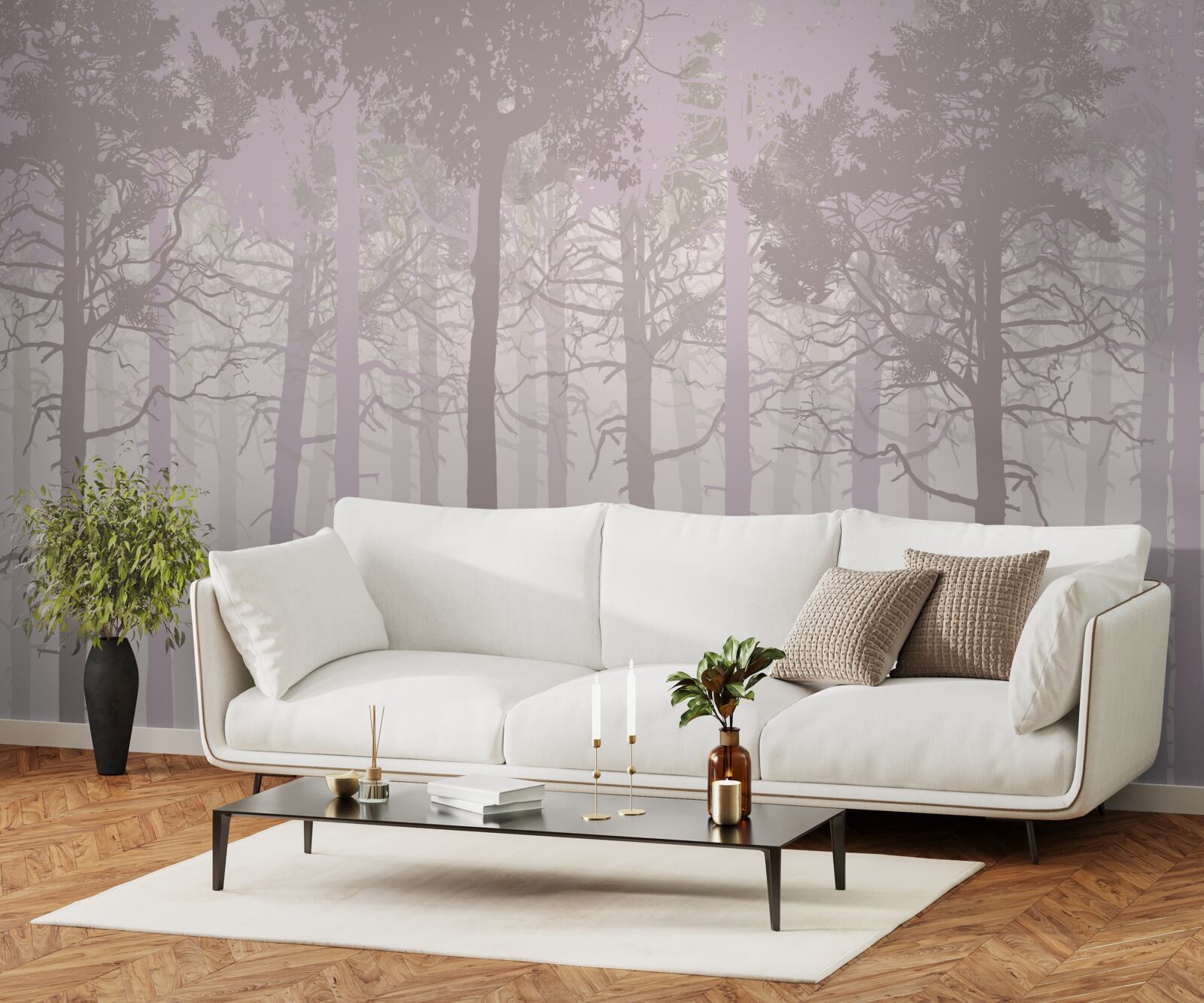 Fototapet grup de căprioare într-o pădure de pini cețoasă