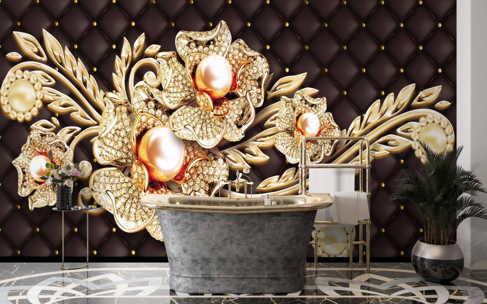 Fototapet flori de aur decorate cu pietre prețioase