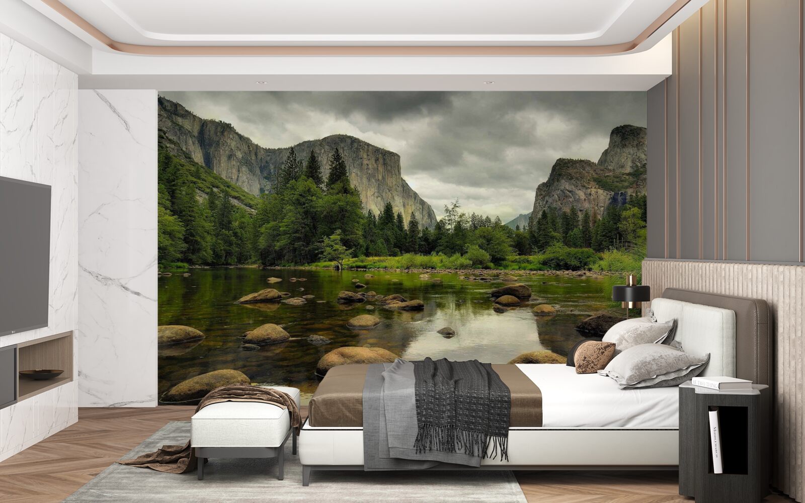 Fototapet zi înnorată lângă un râu în munți