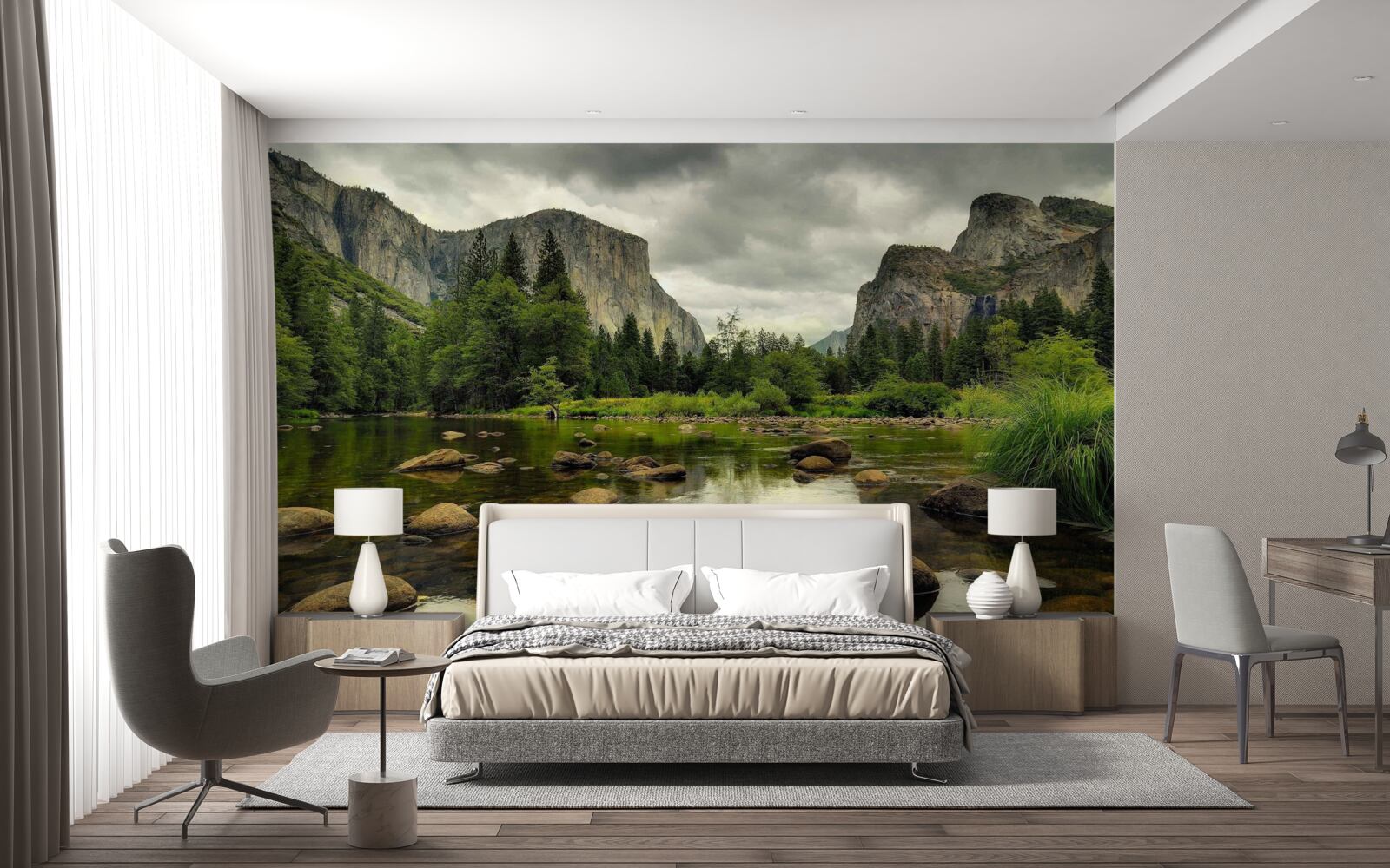 Fototapet zi înnorată lângă un râu în munți