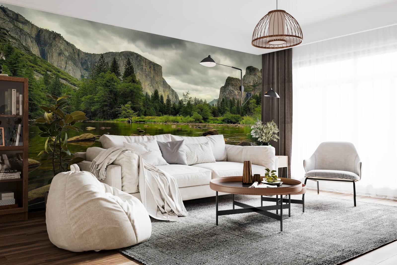 Fototapet zi înnorată lângă un râu în munți