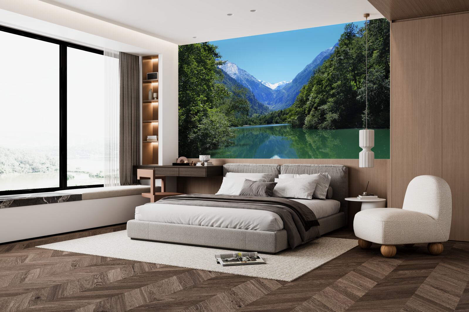 Fototapet un rezervor liniștit ascuns în pădurea deasă de pe versanții munților