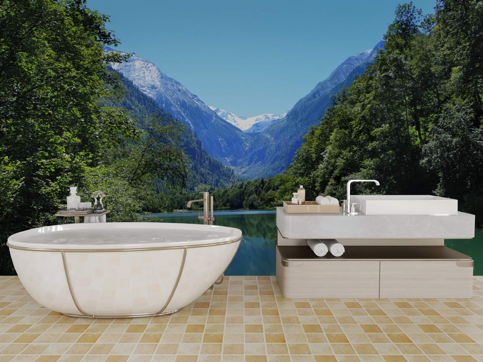 Fototapet un rezervor liniștit ascuns în pădurea deasă de pe versanții munților