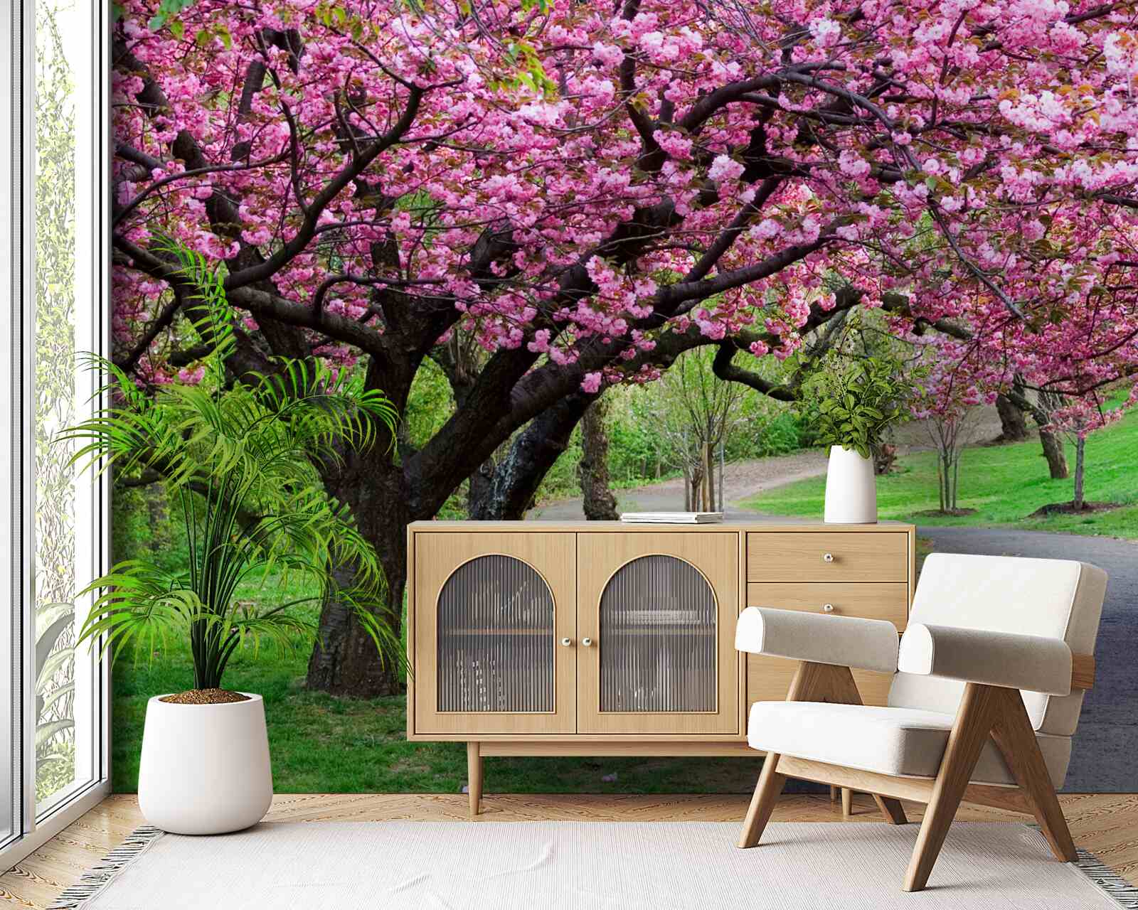 Fototapet un bulevard din parc presărat cu flori