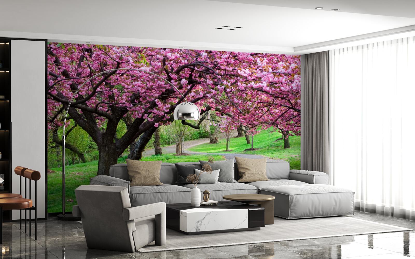 Fototapet un bulevard din parc presărat cu flori