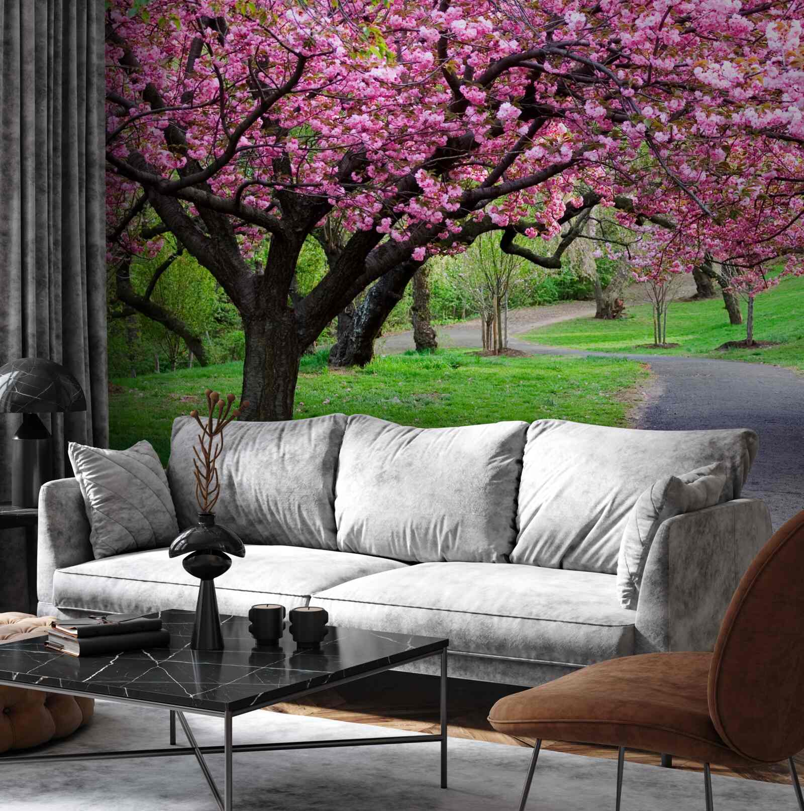 Fototapet un bulevard din parc presărat cu flori