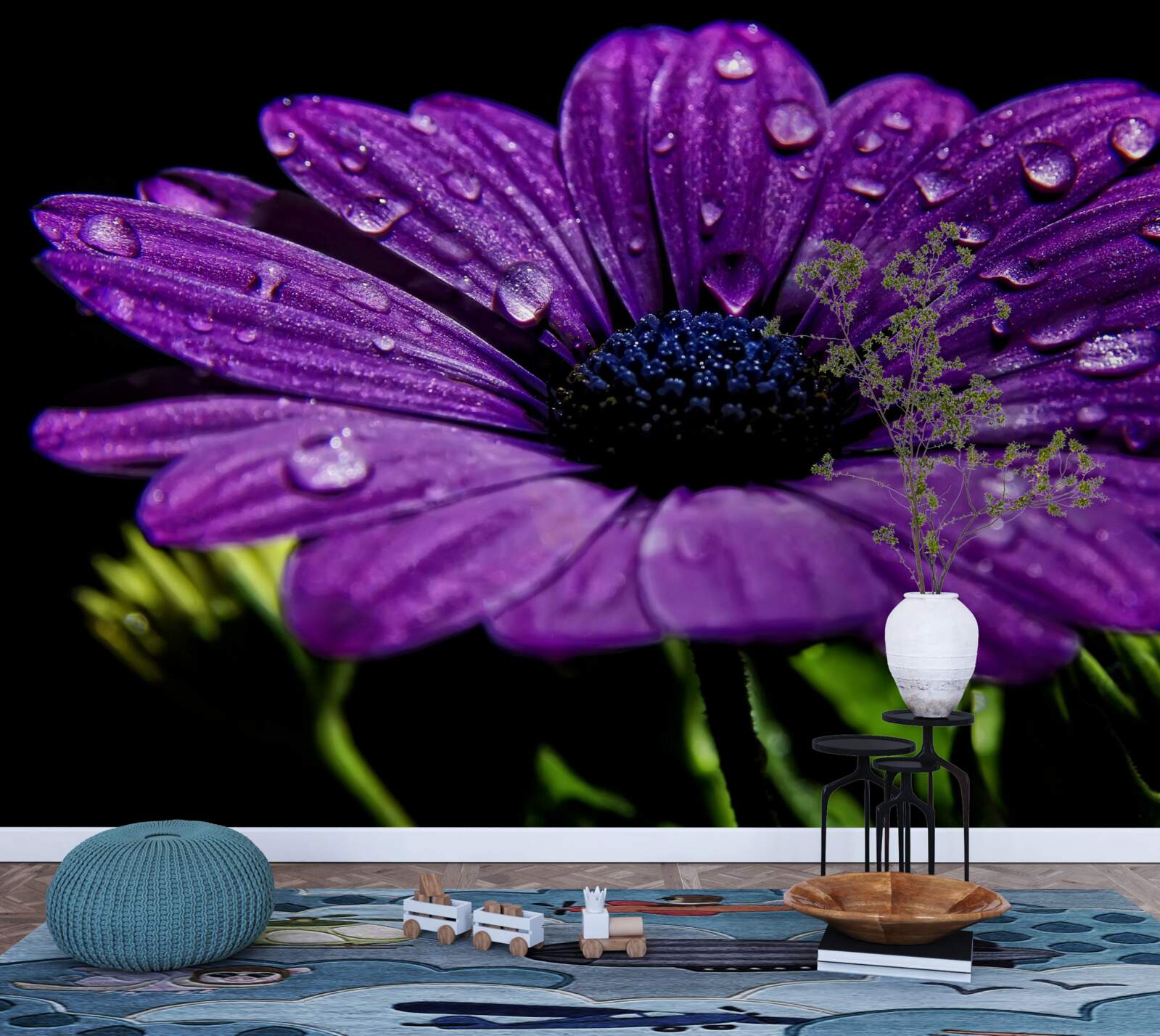 Fototapet picături de apă pe o floare gerbera mov