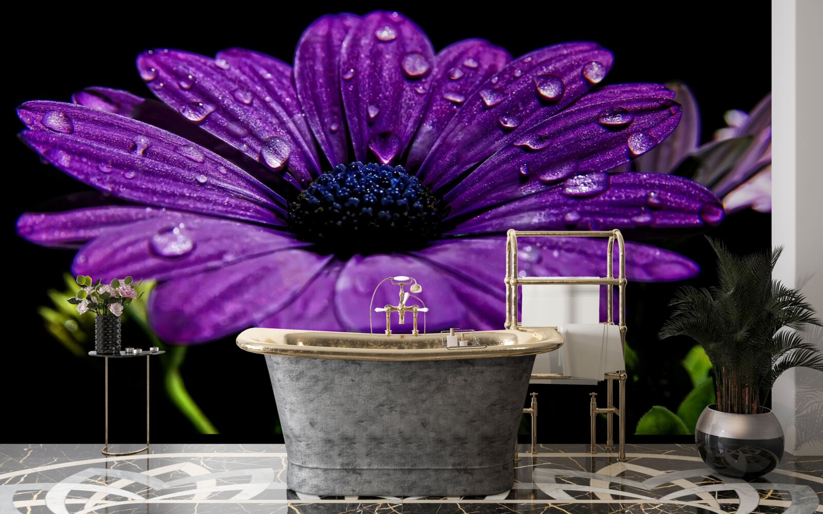 Fototapet picături de apă pe o floare gerbera mov